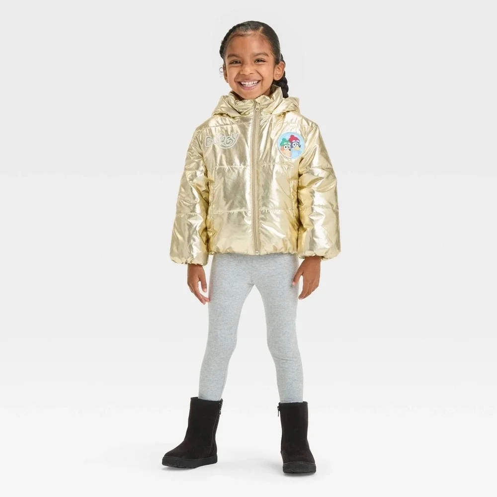 Bluey Girls 12 Month Girls Puffer Jacket Coat Gold Warm Hooded NEW